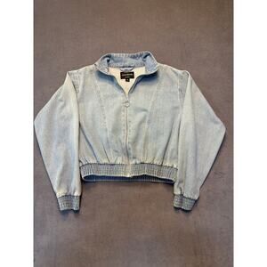 Haute Monde Jacket Womens Small Blue Denim Zip Front Cropped Elastic Hem O-Ring